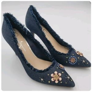 Jessica Simpson Denim Stilettos With Beaded Flowers Lined with Fringe, Size 8.5